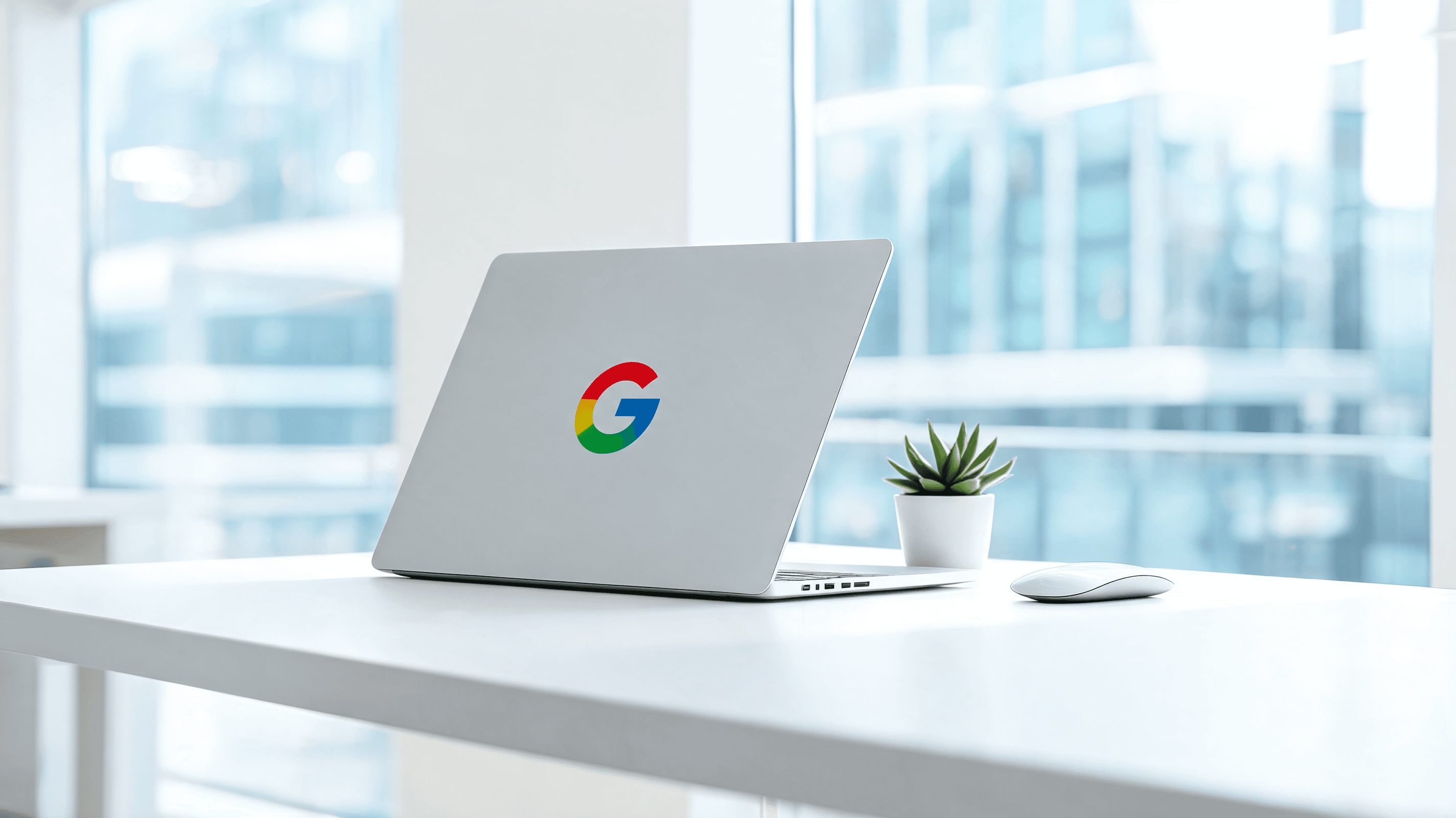 A modern, sleek laptop design with a Google-colored logo, displayed in a bright, clean professional