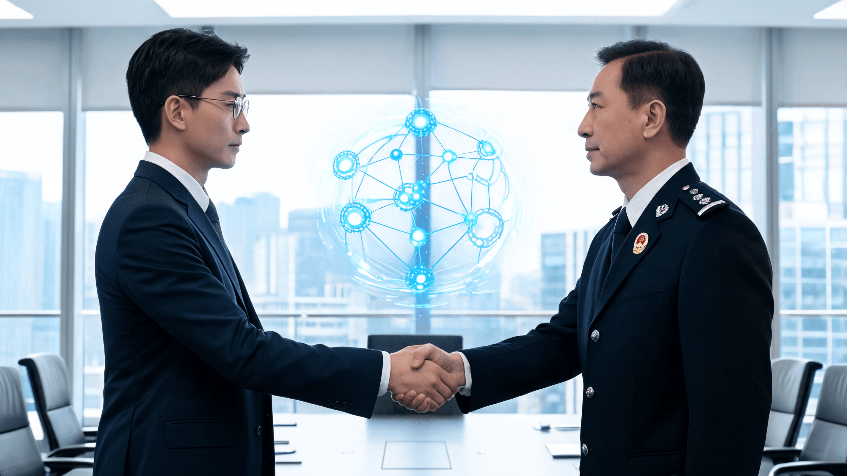 A handshake between a business person in a high-tech suit and an official in a government uniform, w