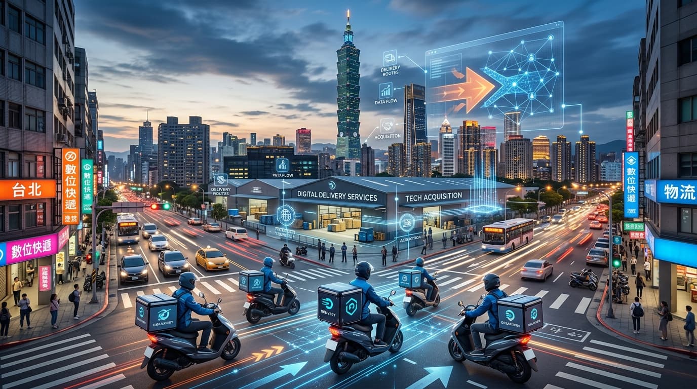 A modern, professional graphic representing digital delivery services in a busy urban setting in Tai