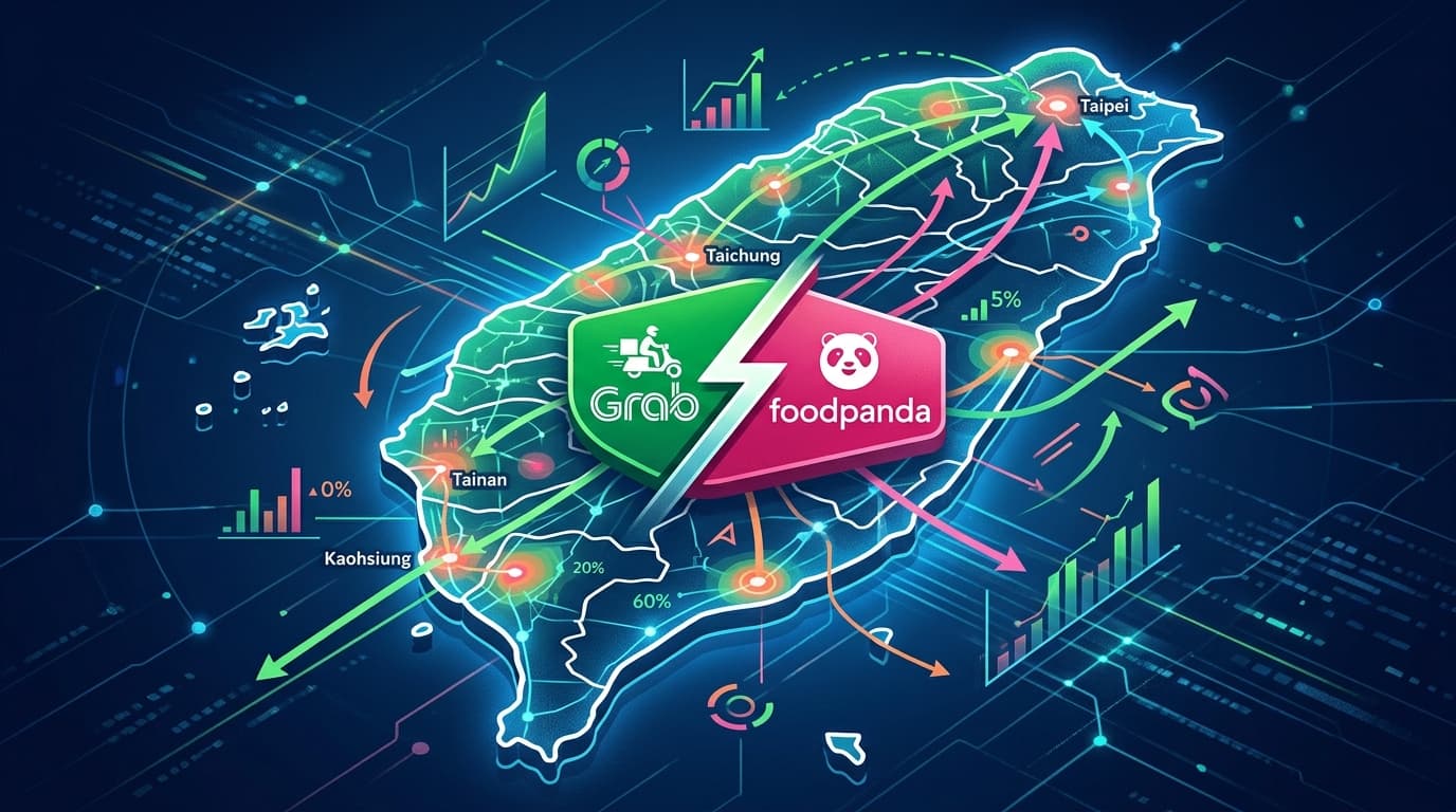 A dual-branding visualization representing the merger of Grab and Foodpanda icons on a map of Taiwan