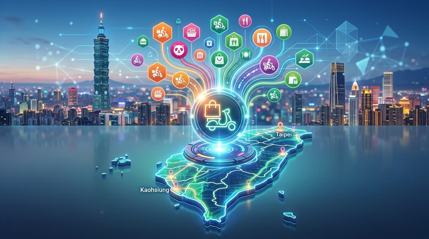 A modern, professional graphic showing a stylized map of Taiwan with stylized food delivery icons be