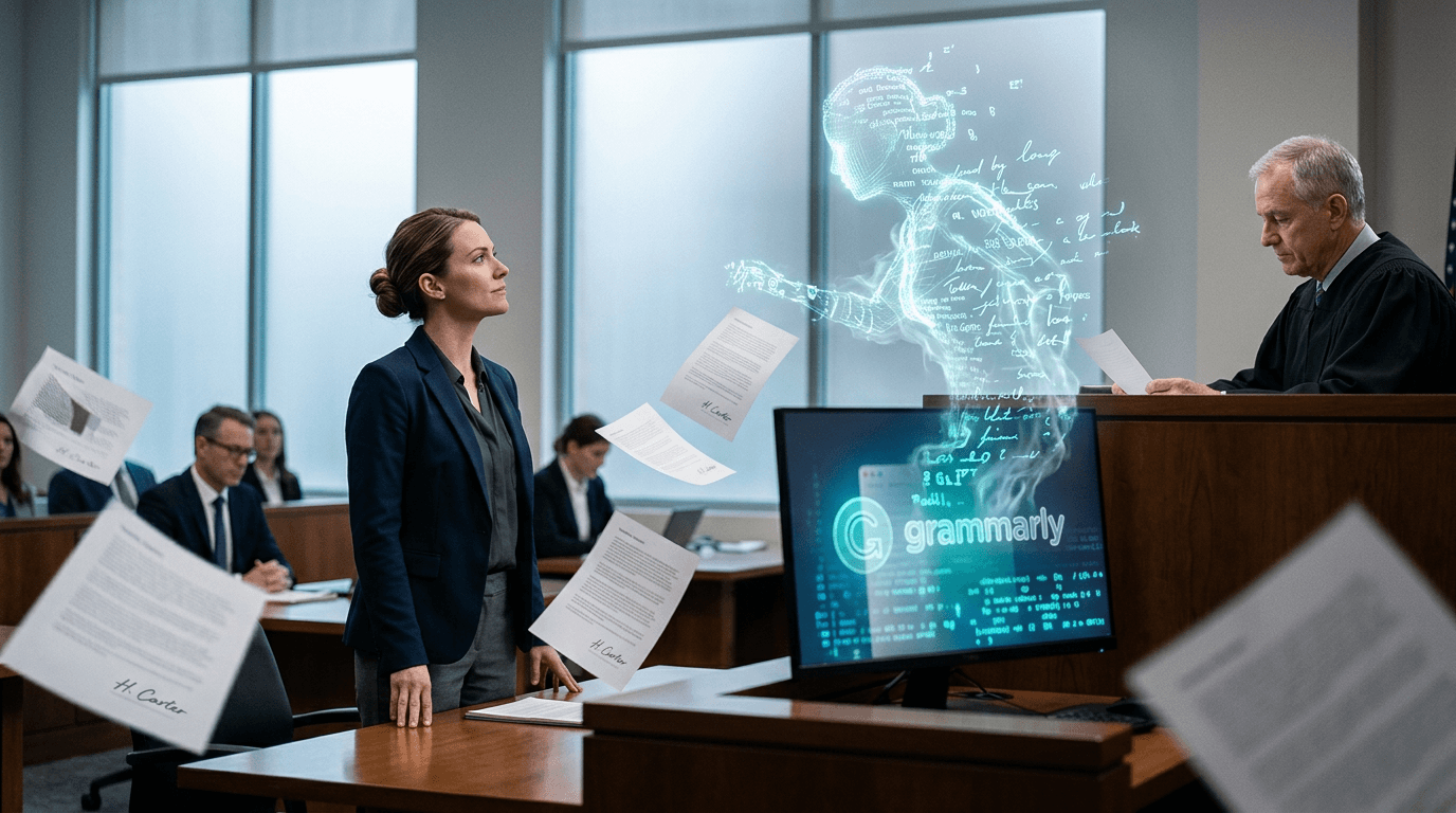 A courtroom scene where a female journalist stands before a judge, with a digital ghost of her writi