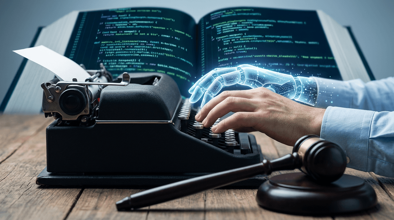A conceptual image of a typewriter with a translucent AI-generated hand overlapping a human hand, wi