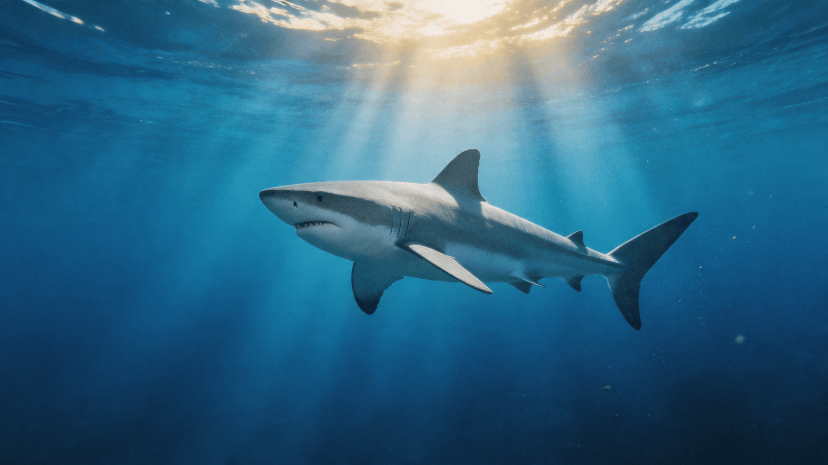 Underwater photography of a great white shark swimming in deep blue water, sunlight filtering throug