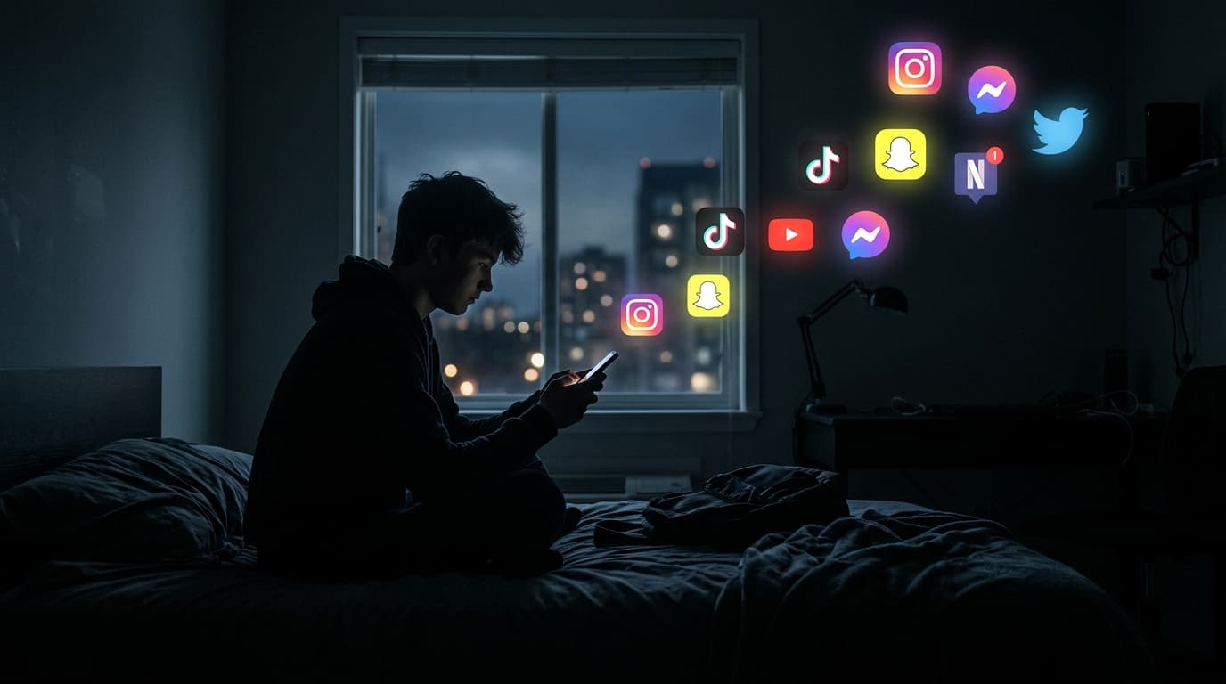 A silhouette of a teenager holding a smartphone in a dimly lit room, with social media app notificat