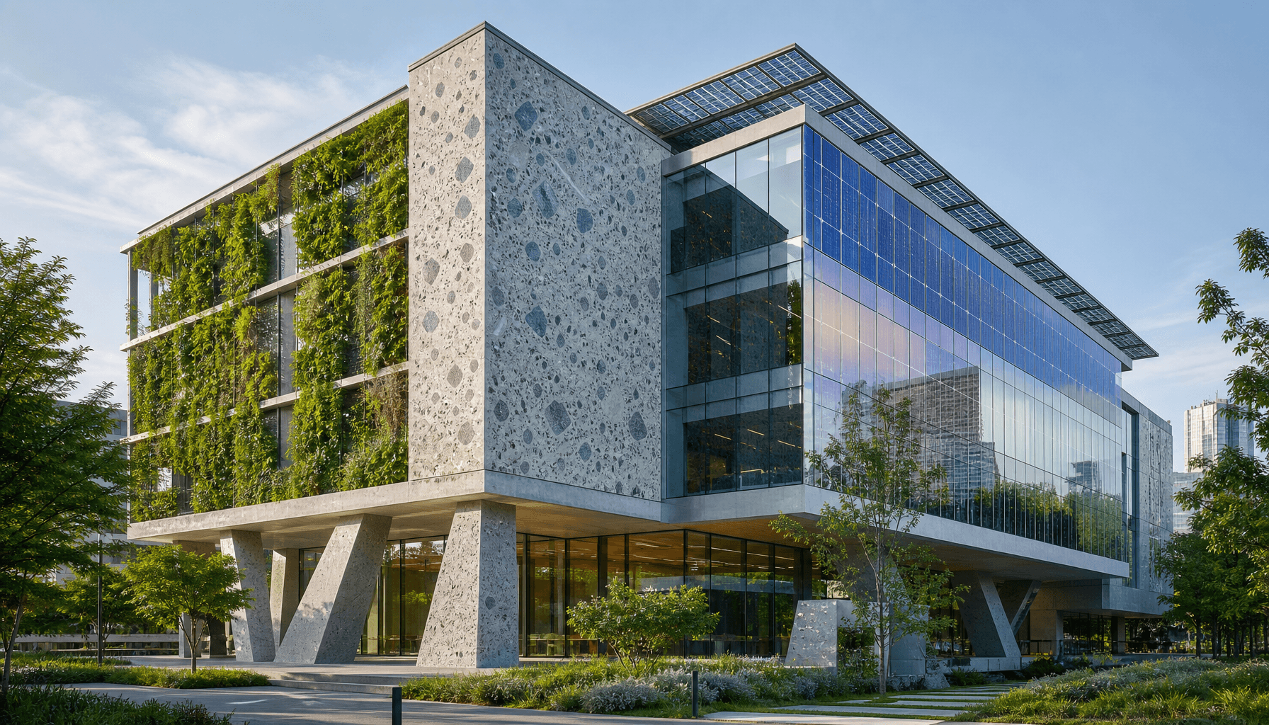 A modern building structure with integrated green walls, solar-responsive glass, and structural elem