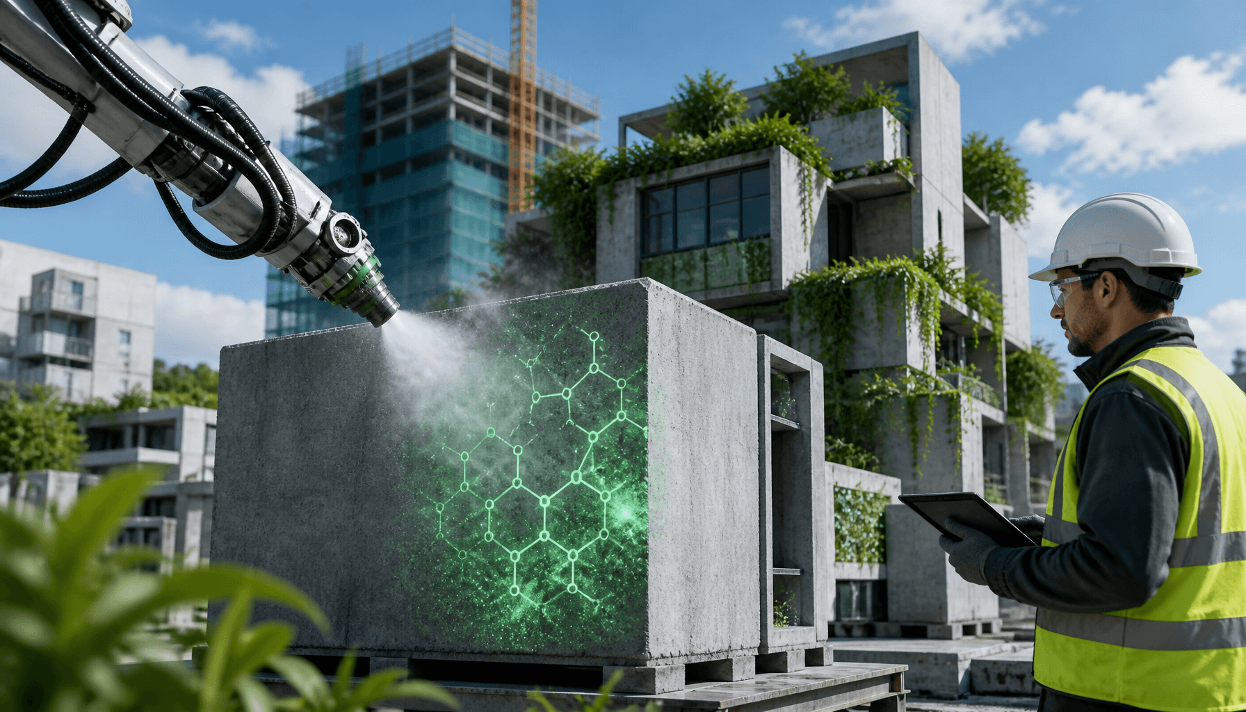 A modern construction site featuring futuristic concrete blocks being treated with carbon capture te