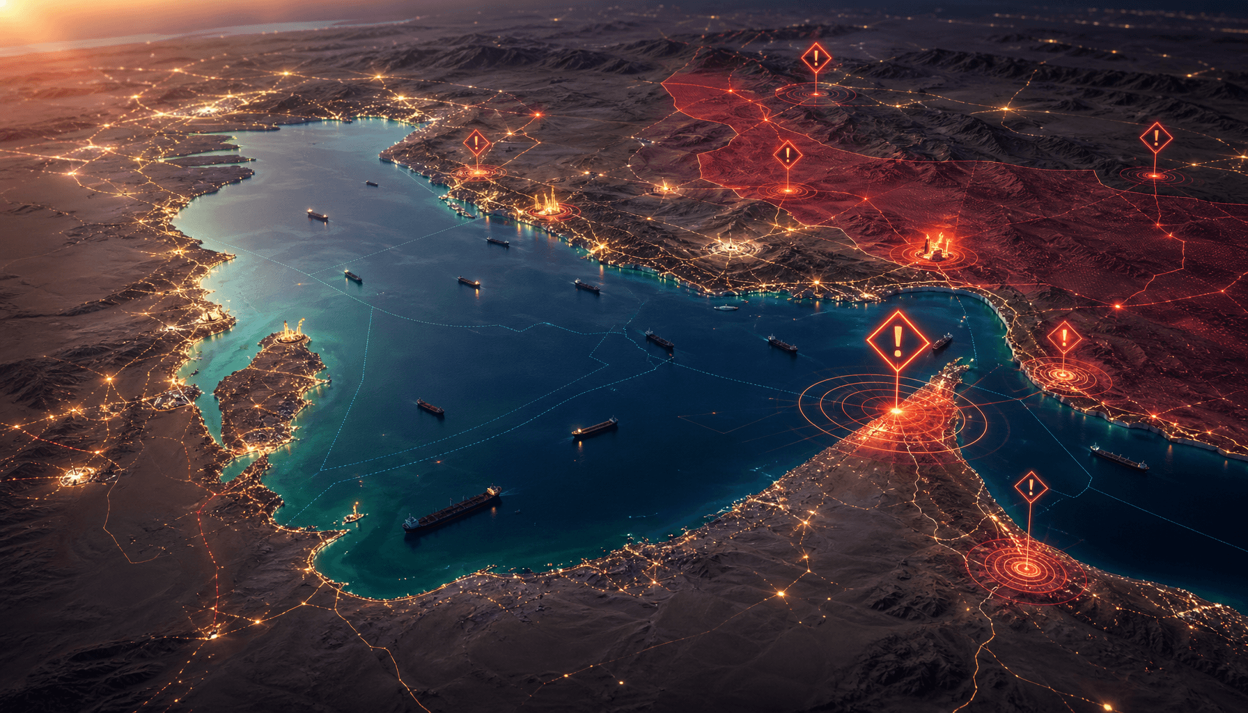 A dramatic satellite view of the Persian Gulf at twilight, with subtle silhouettes of oil tankers an