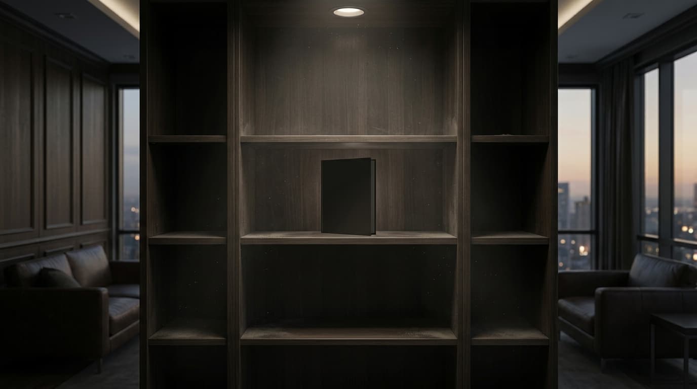 An empty, dusty bookshelf in a high-end office, with a blank book cover silhouette in the middle, da