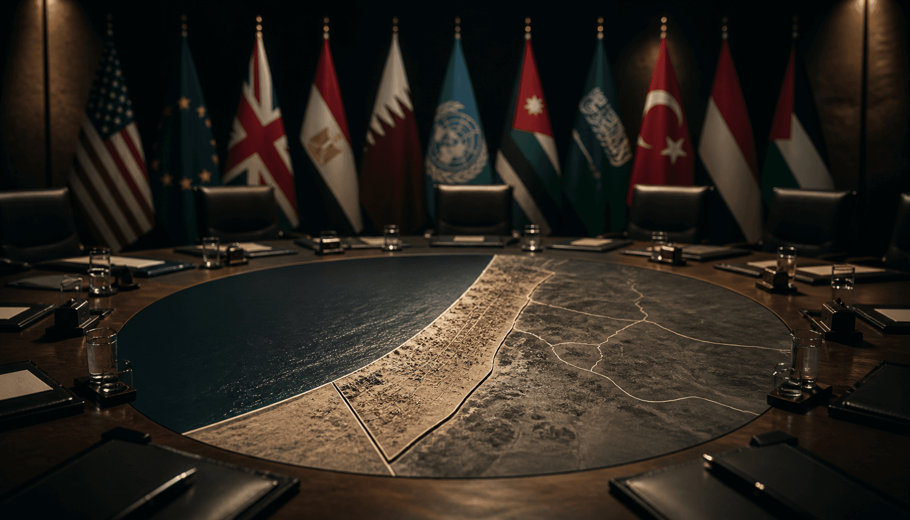 A conceptual image of a diplomatic table with a map of Gaza, international flags in the background,