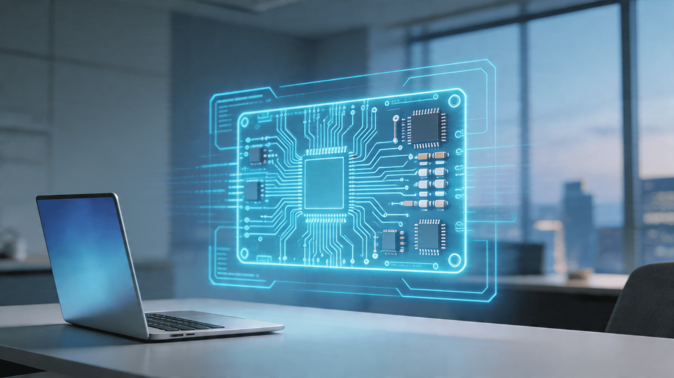 A schematic blueprint of an electronic circuit board being rendered by a glowing holographic AI inte