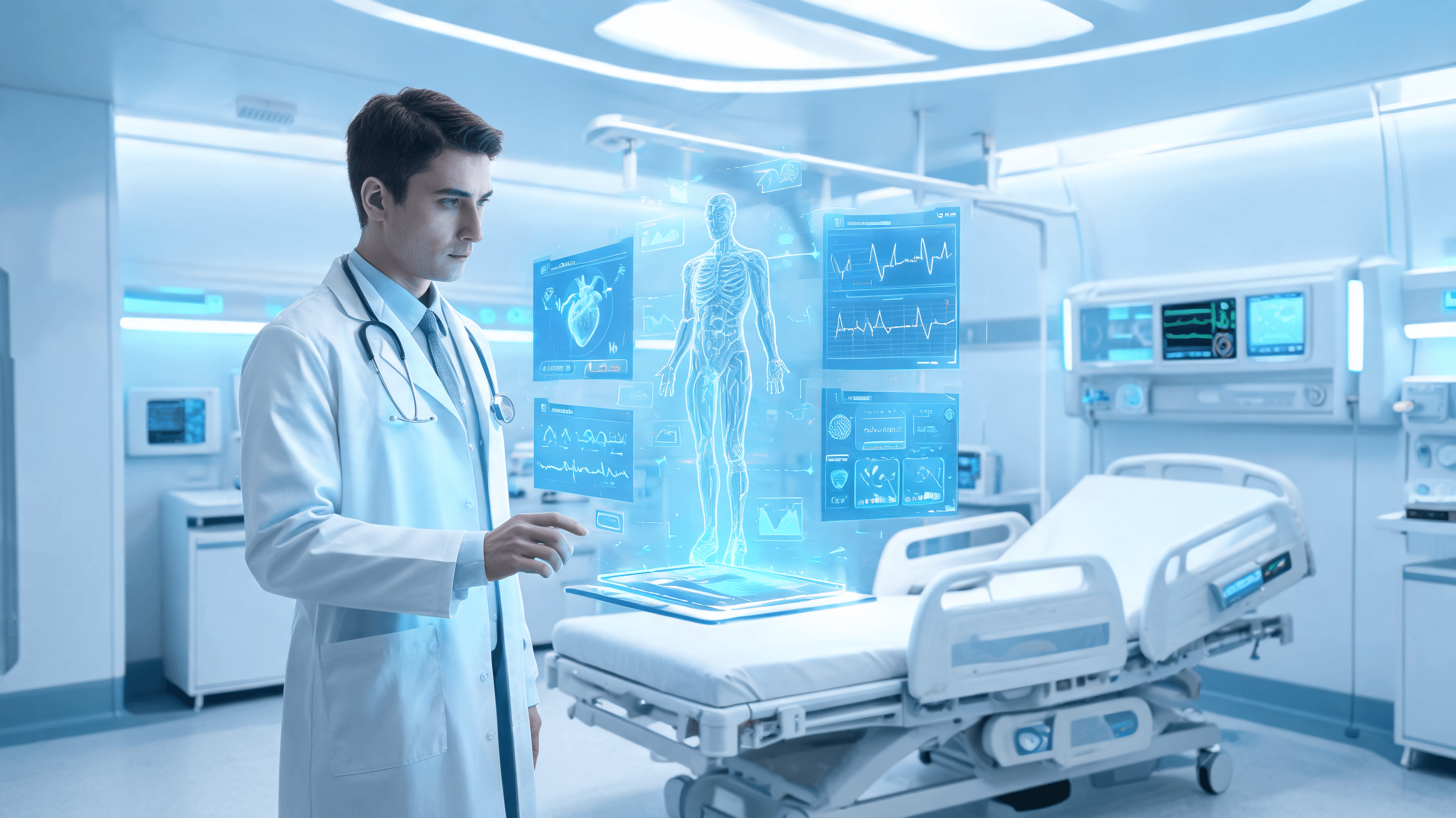A futuristic emergency room setting with a holographic medical dashboard displaying data analysis be