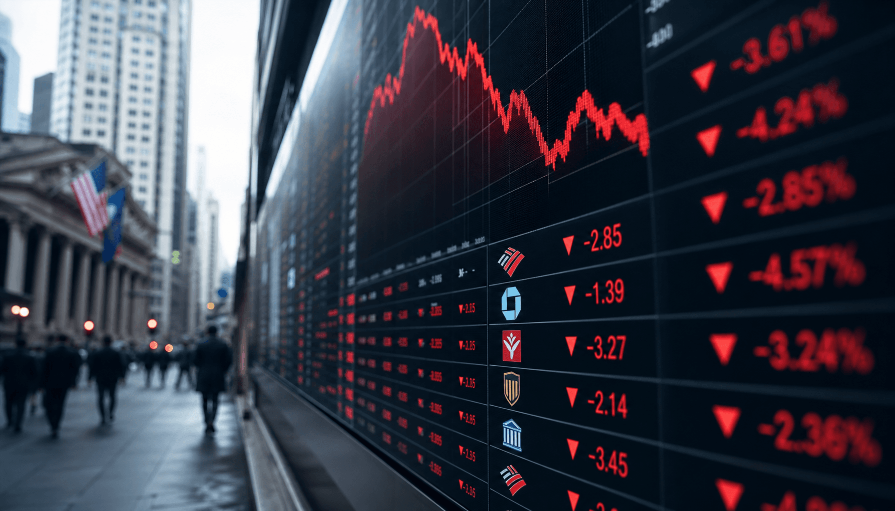 A digital stock market display board in a financial district showing red downward trends and banking