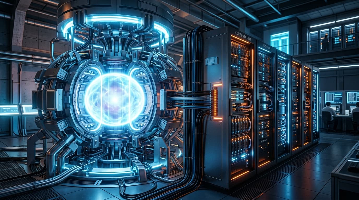 A conceptual rendering of a futuristic fusion reactor core emitting soft blue light, transitioning i
