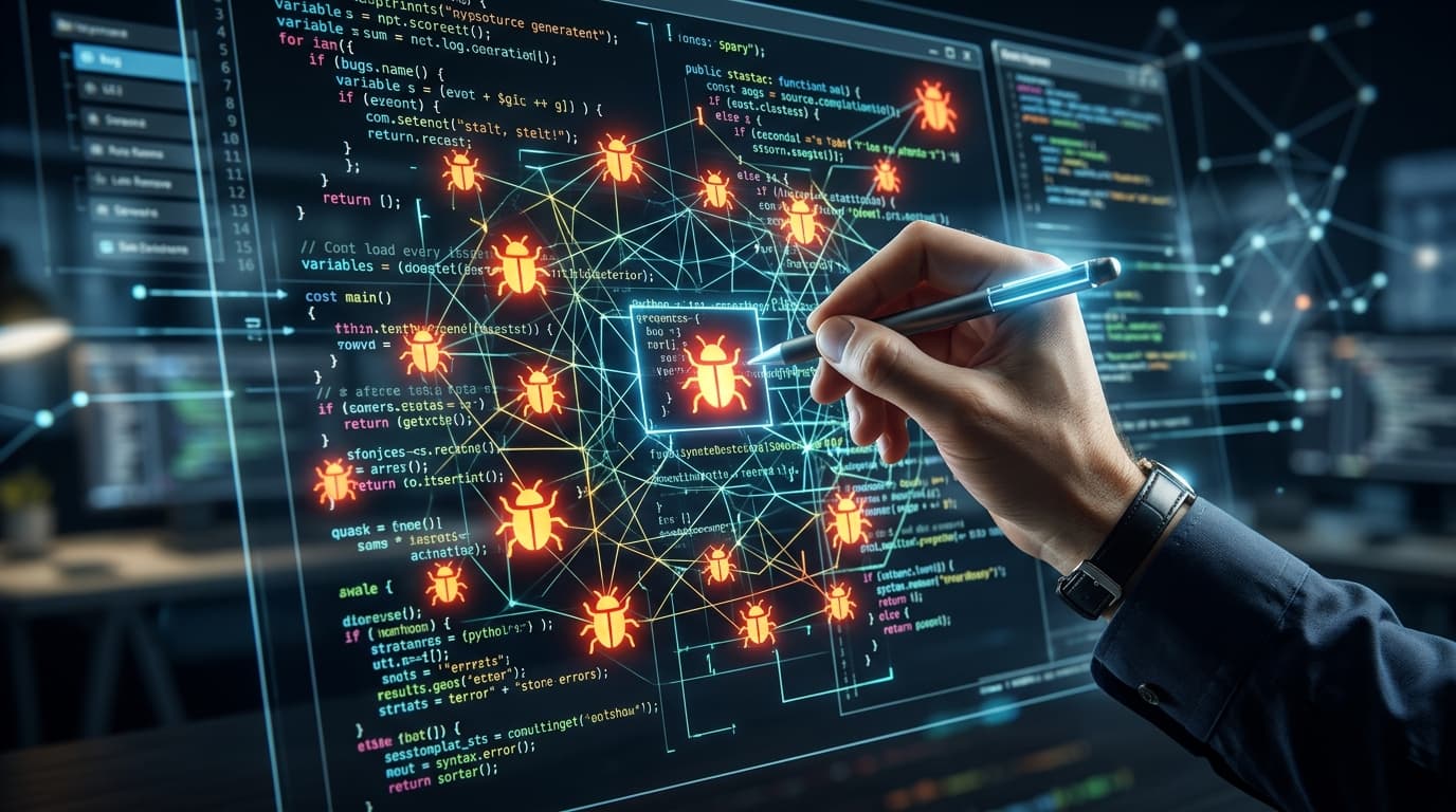 A conceptual image of a human hand reviewing a messy web of digital code with glowing bug icons, sym