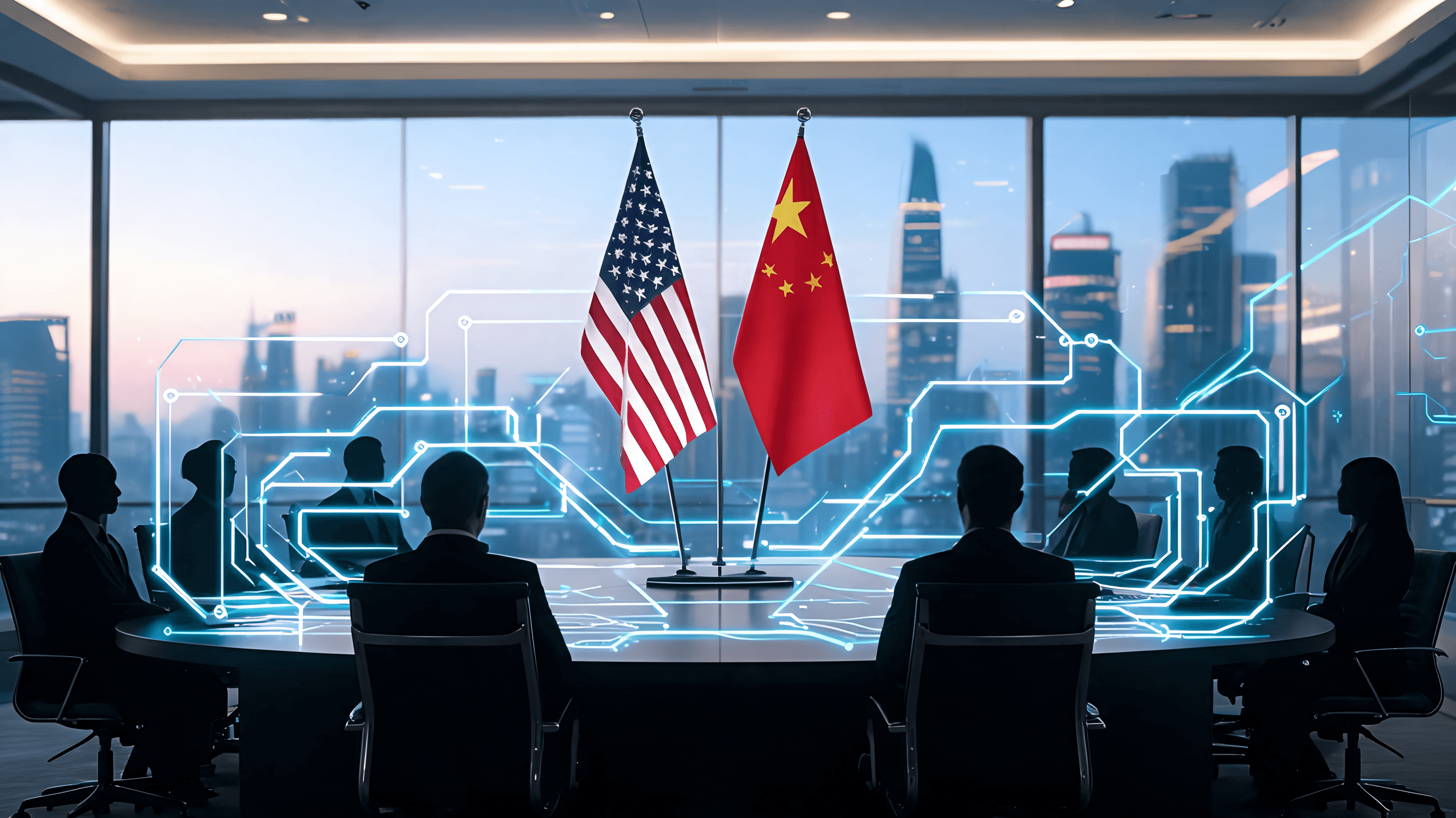A diplomatic boardroom featuring a table with the flags of the USA and China, surrounded by stylized