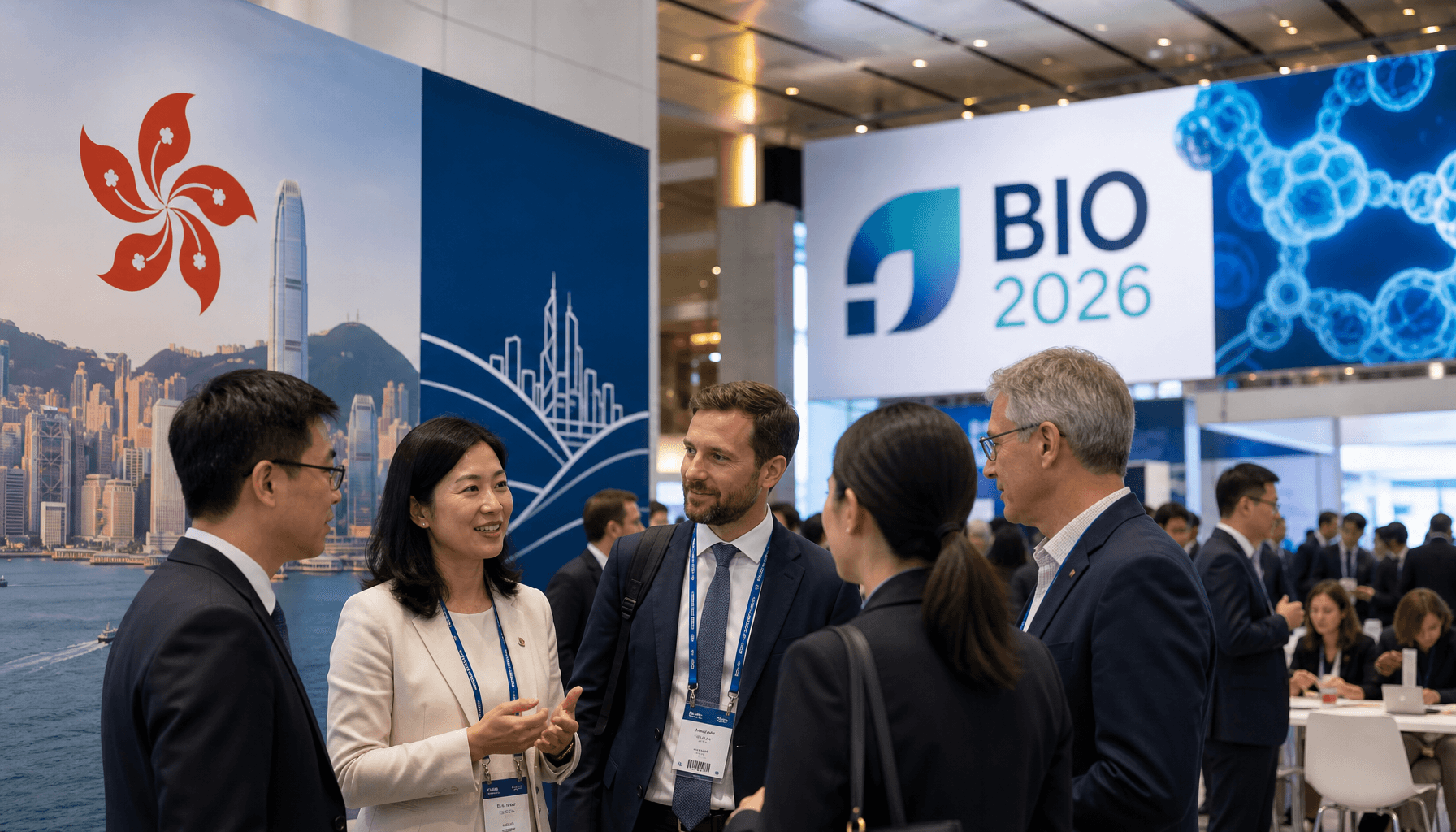 A professional delegation of scientists and entrepreneurs at a global biotech conference, with banne