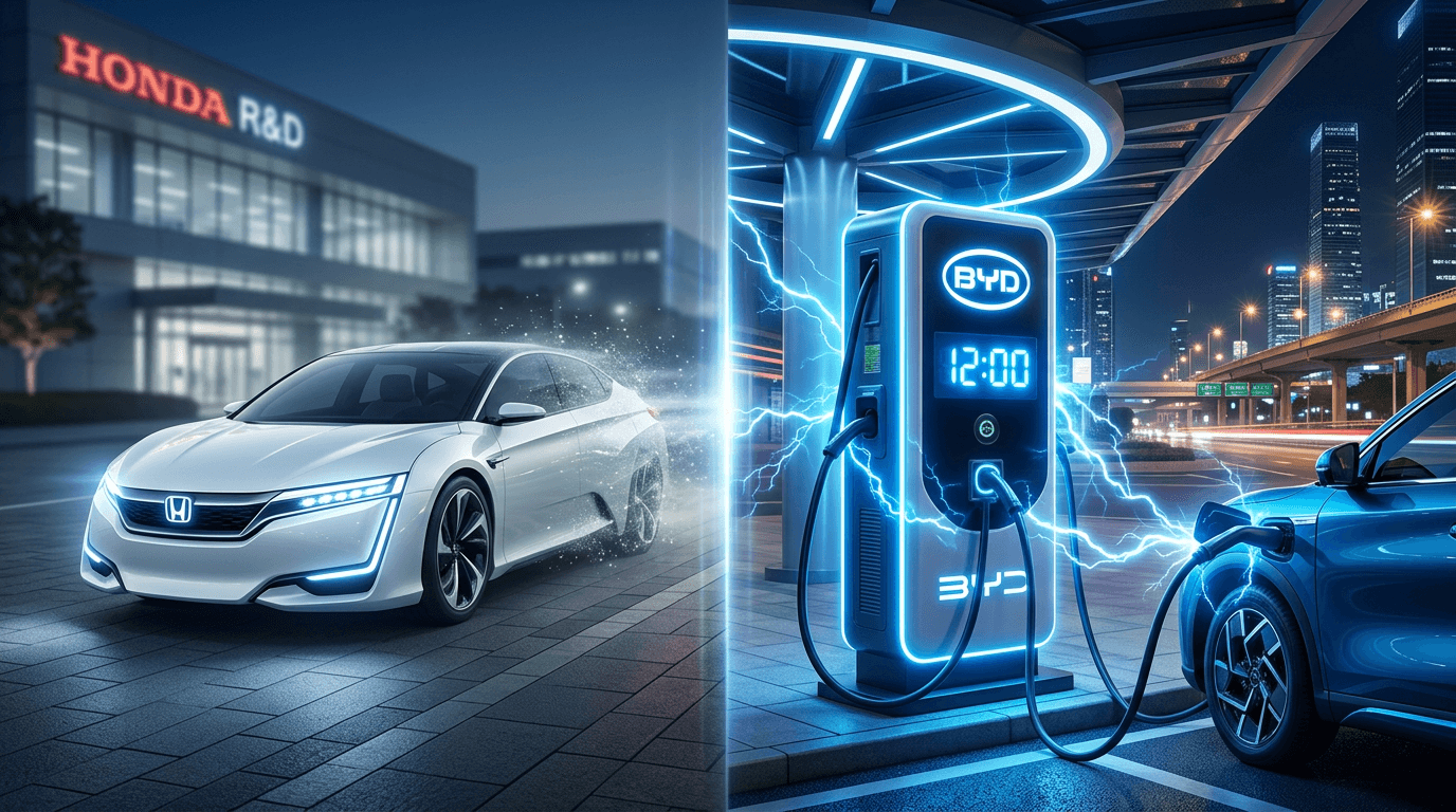 A split-screen visual showing a sleek white futuristic Honda EV concept fading away on one side, and
