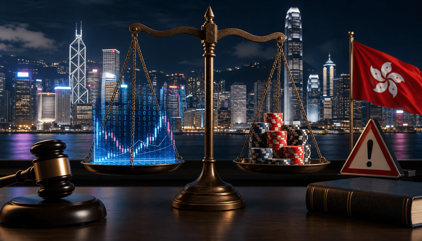 A scales of justice weighing binary market charts against gambling chips, Hong Kong skyline at night