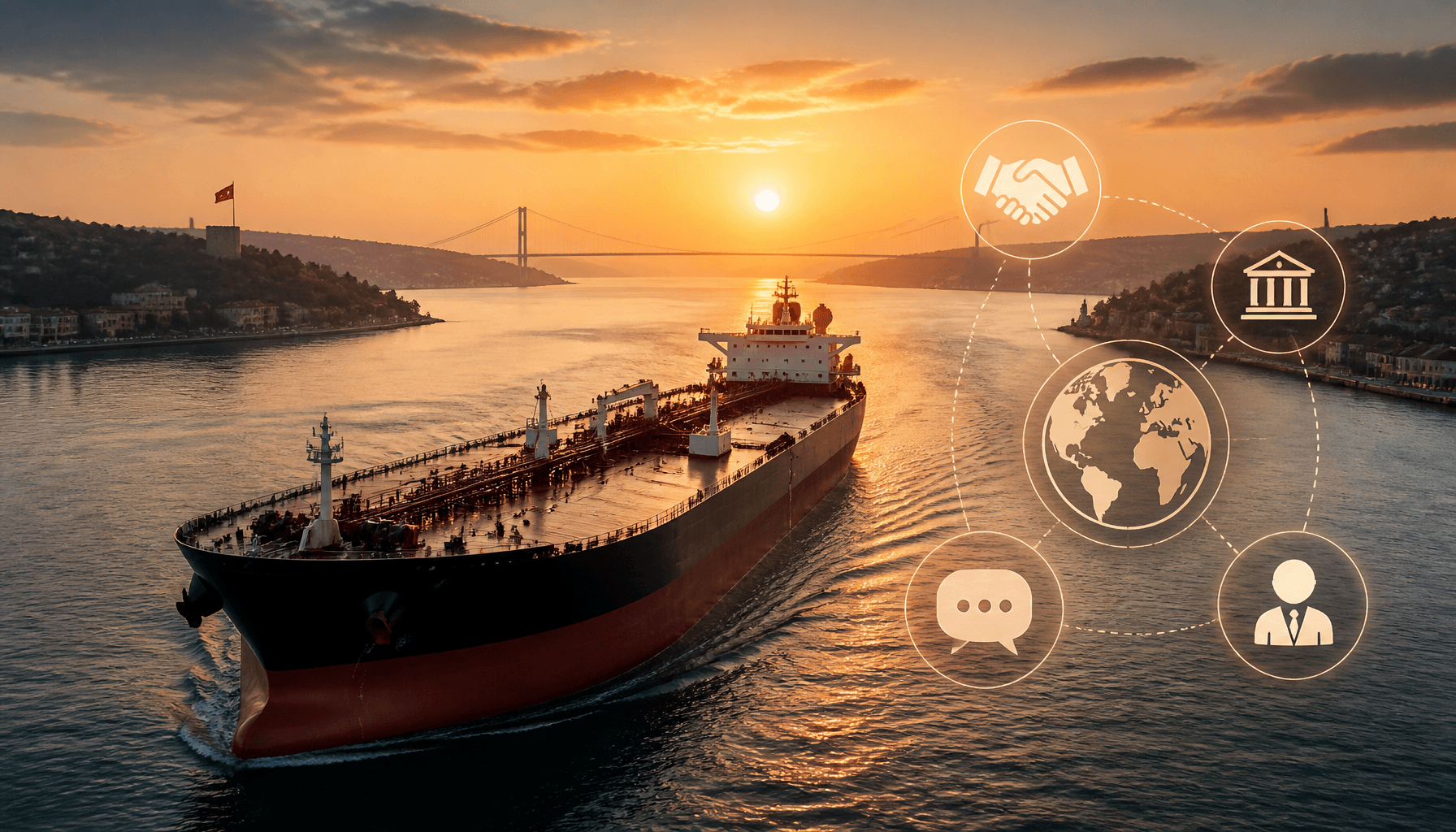 A modern oil tanker sailing through a narrow strait at sunset, with diplomatic communication icons a