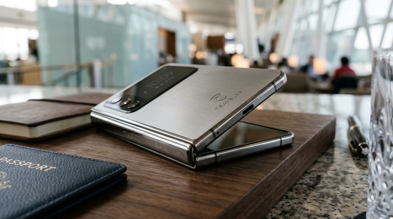 A stylish, passport-shaped wide foldable smartphone in a premium setting, sleek metal finish, high-r