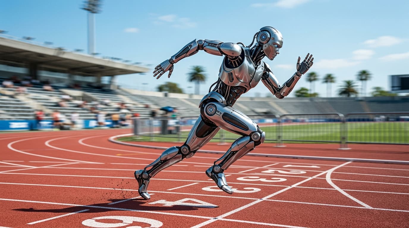 A sleek, metallic humanoid robot running on a sunny athletic track, motion blur in the background, r