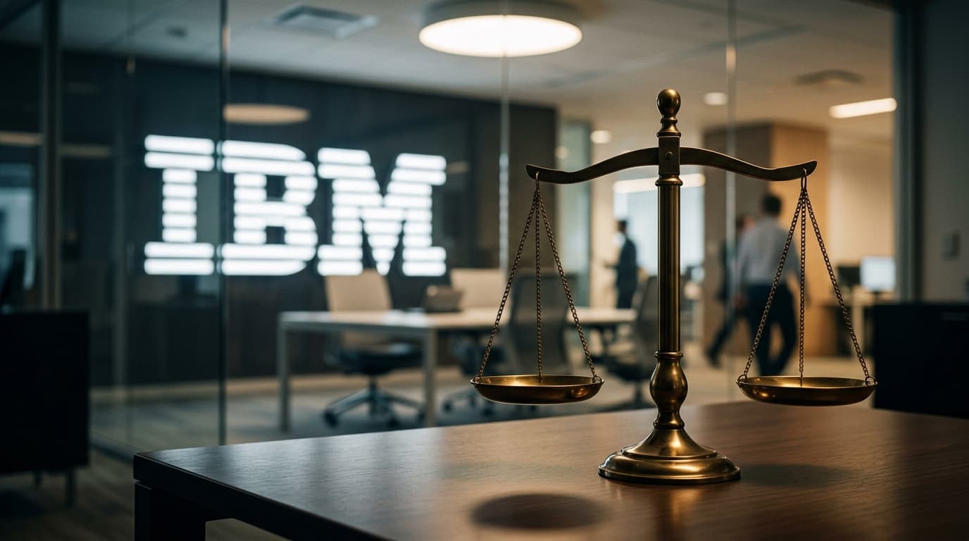 A legal scale sitting on top of an office table, blurry corporate logo of IBM in background, minimal