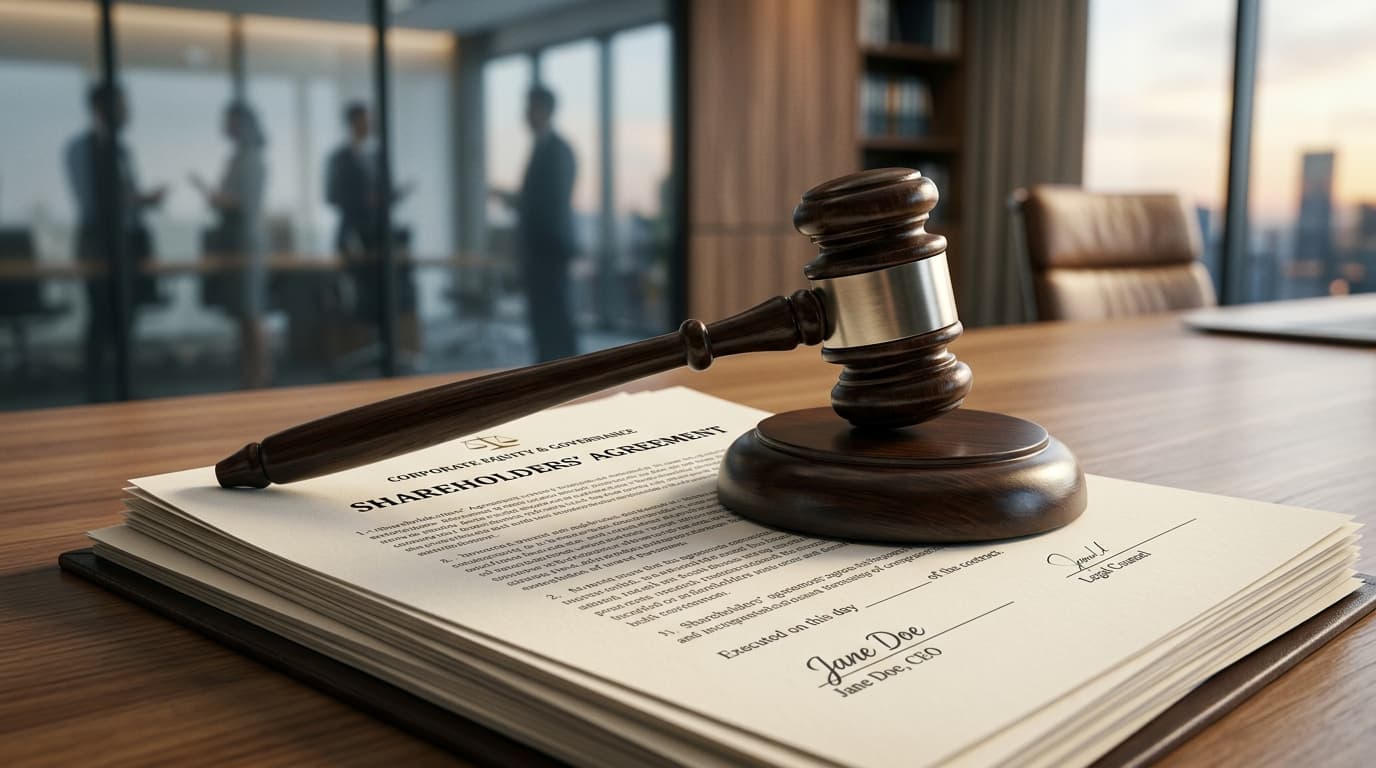 A courtroom gavel sitting on top of a corporate legal document, abstract depiction of corporate equi