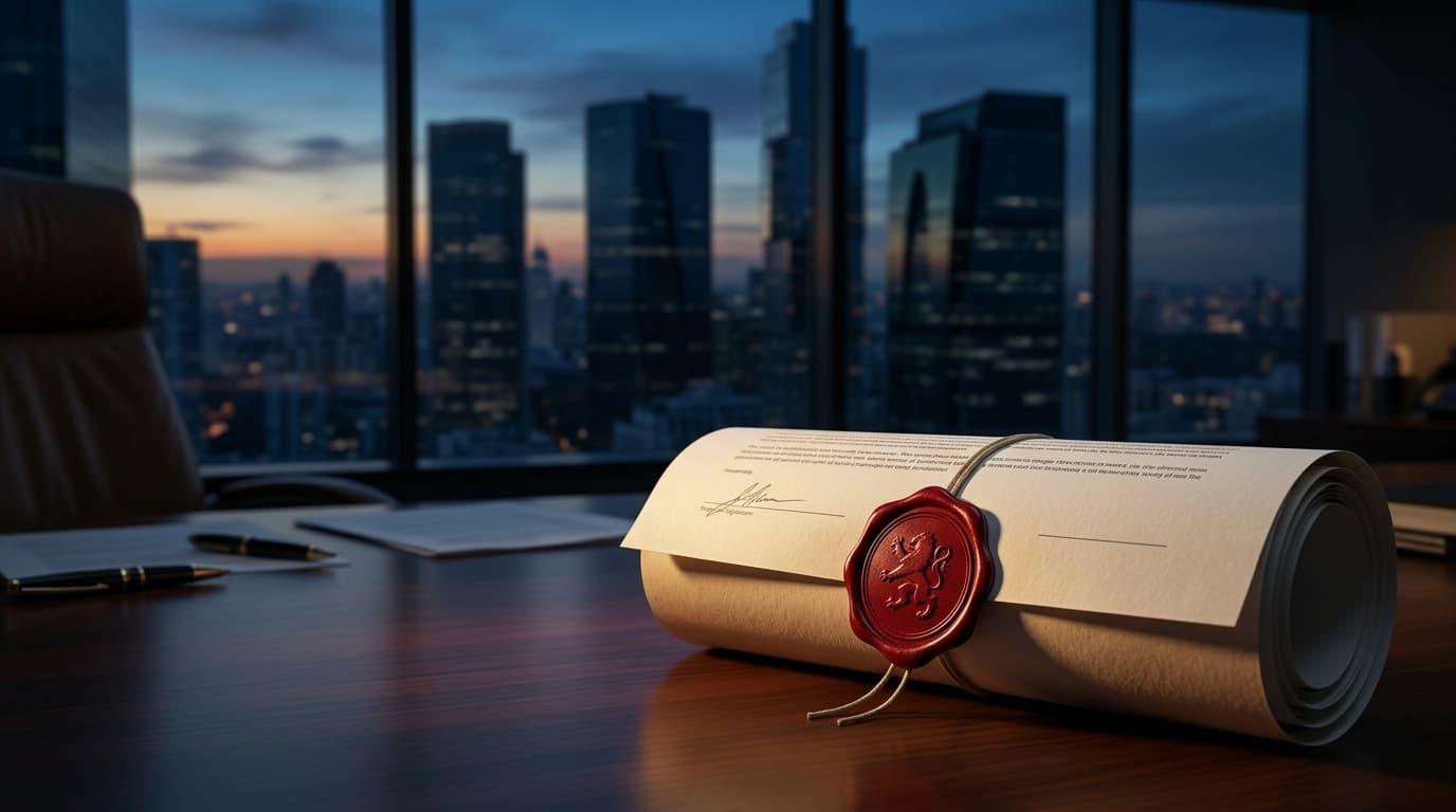 An artistic representation of a corporate legal document with a large red seal, a background of mode