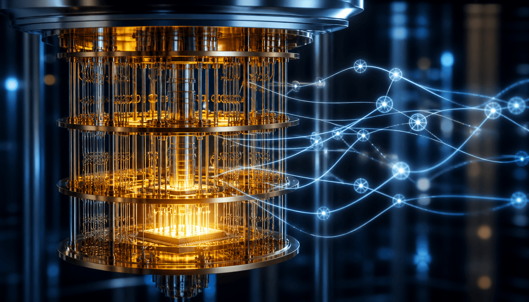 Abstract representation of a glowing quantum processor inside a cryogenic dilution refrigerator, wit