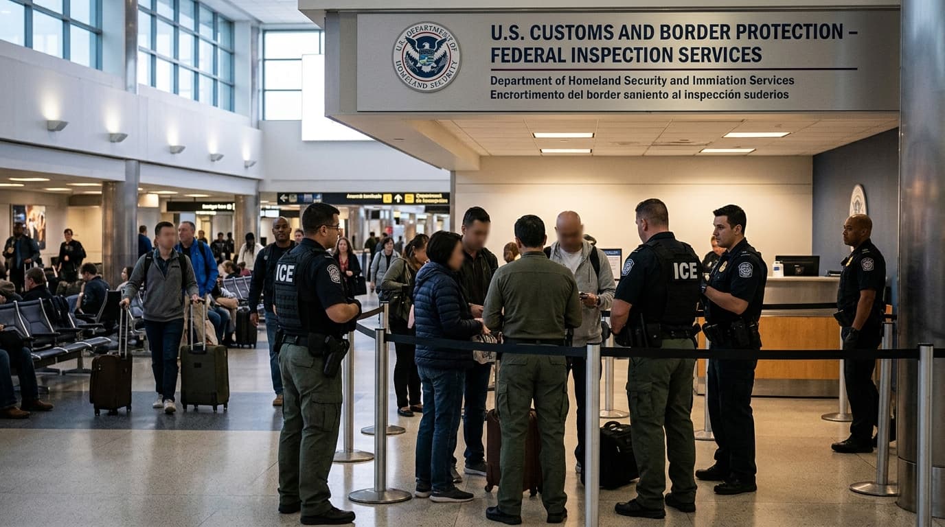 A dramatic photograph of an airport terminal with a prominent federal signage and visible ICE enforc