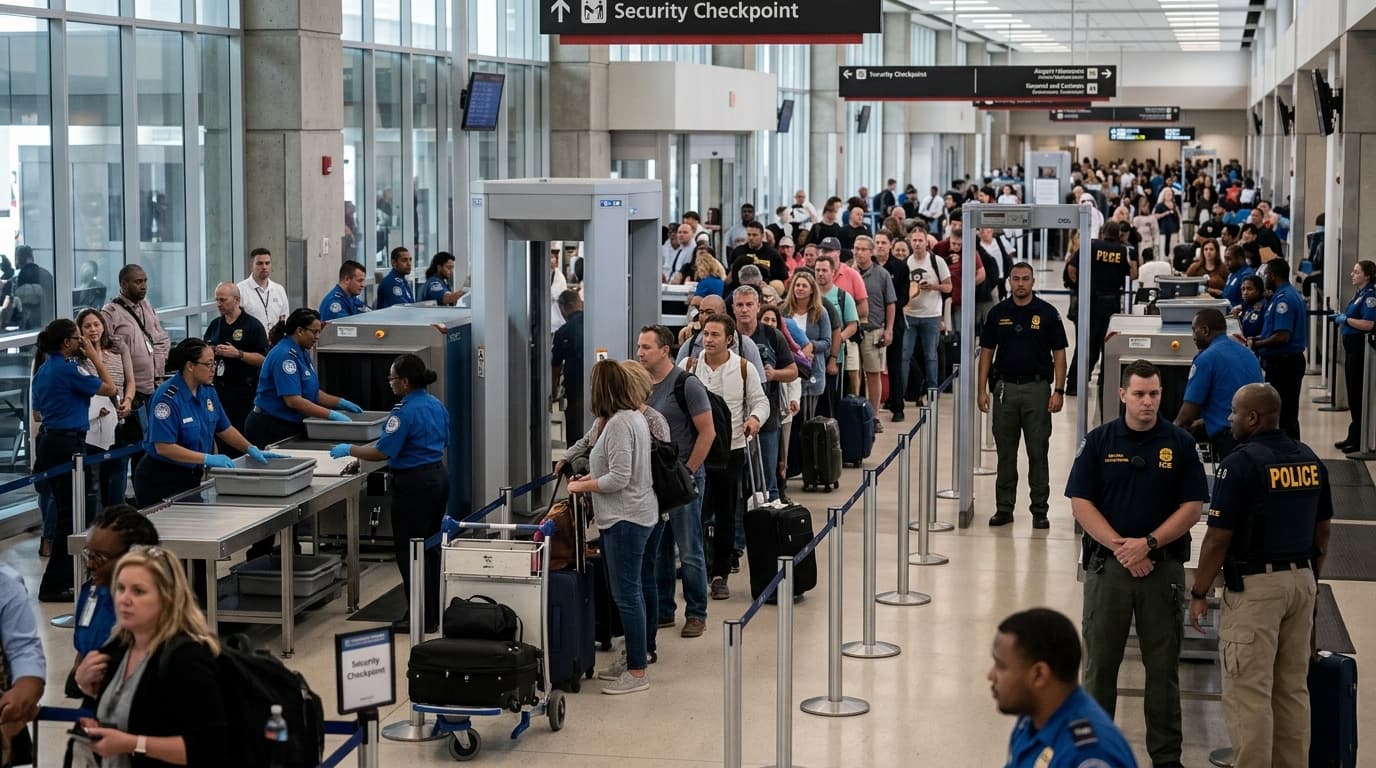 A busy American airport security terminal with a mix of TSA and ICE agents, conveying a sense of ins