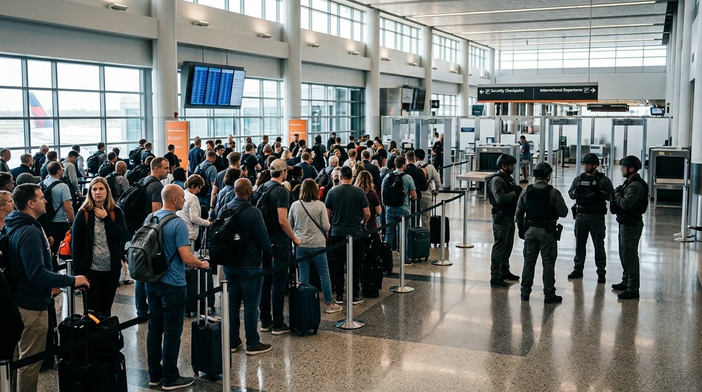 A tense scene at a large, brightly lit commercial airport terminal, with diverse groups of travelers