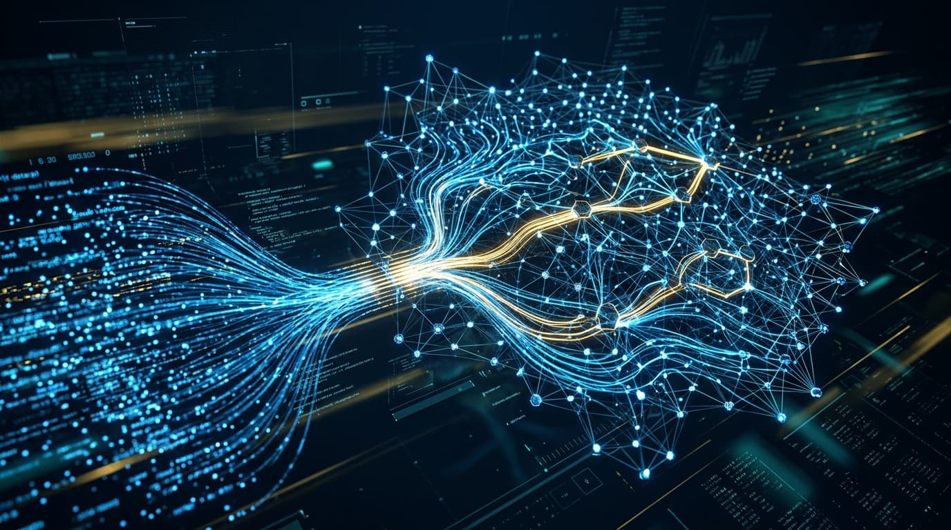 A visualization of a neural network with glowing pathways showing the optimization of sparse connect