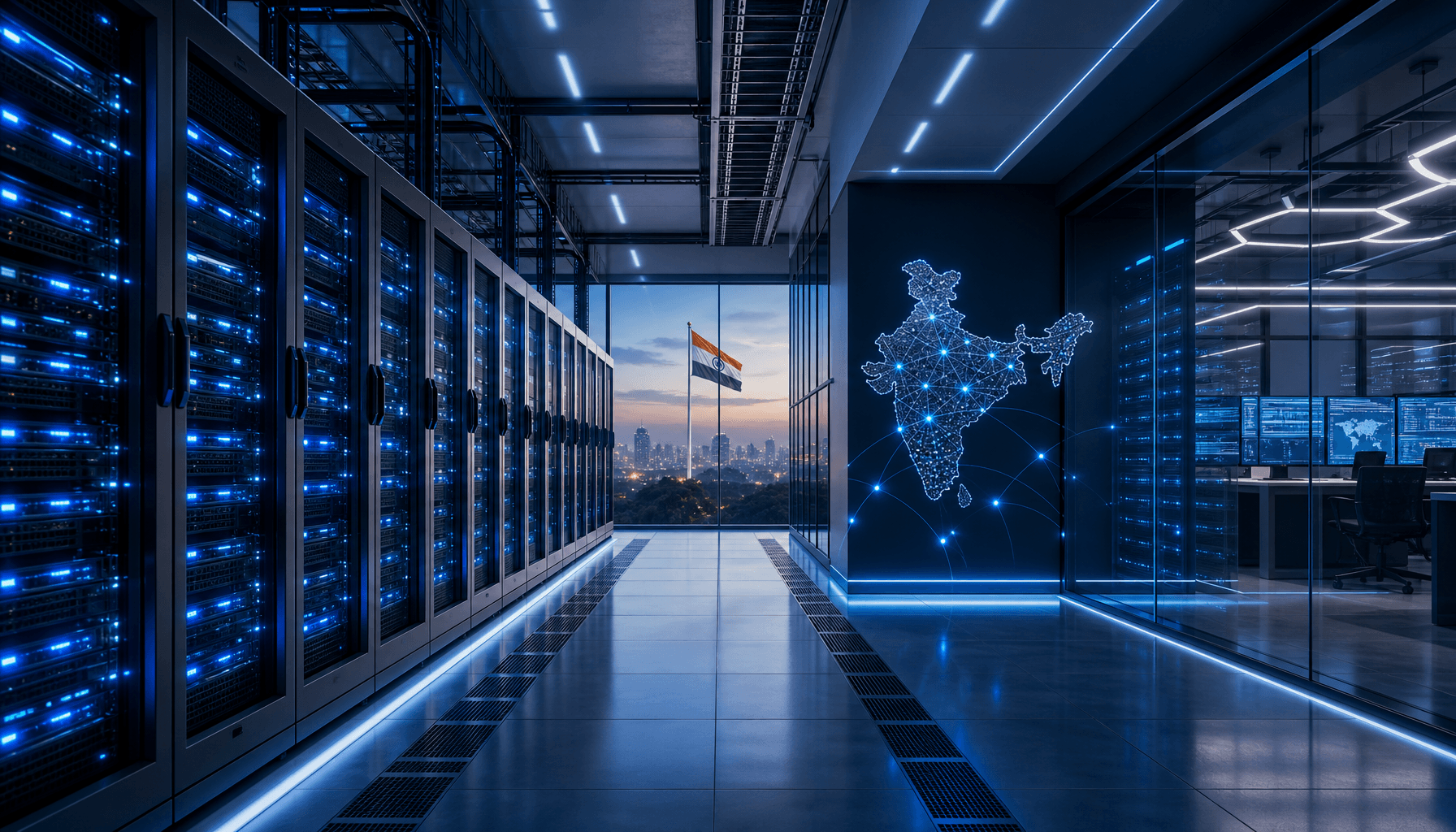 A modern, high-tech server room in a data center located in India, with glowing blue lights and futu