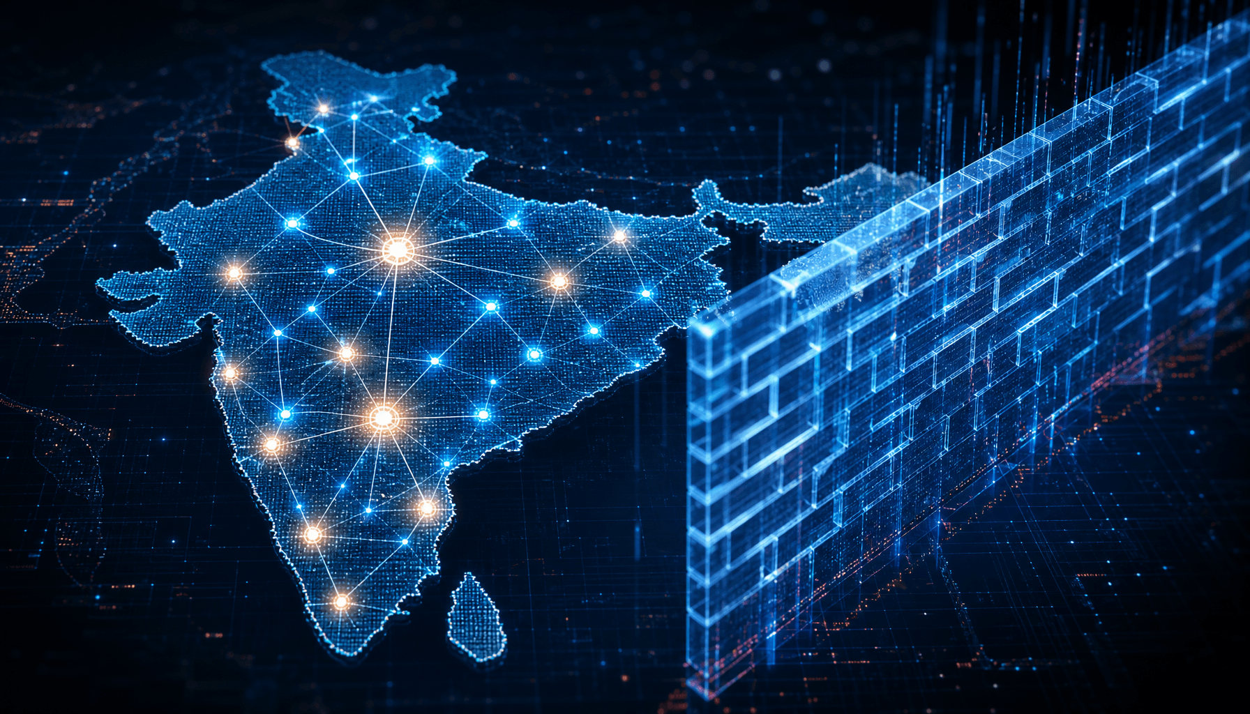 A symbolic digital map of India with glowing nodes representing AI development, partially obscured b