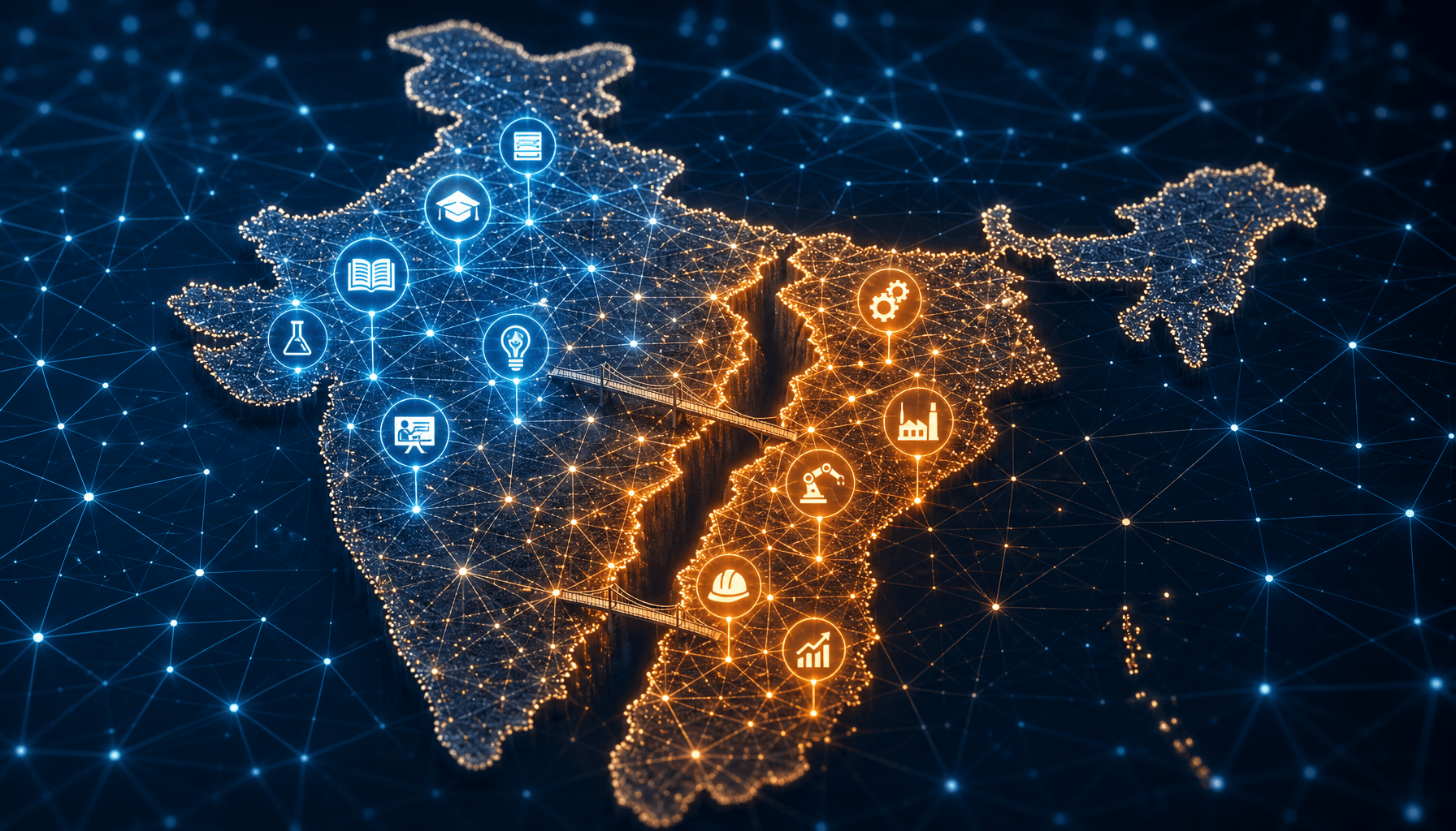 An abstract visualization of a dense, interconnected network of digital nodes in India, with highlig
