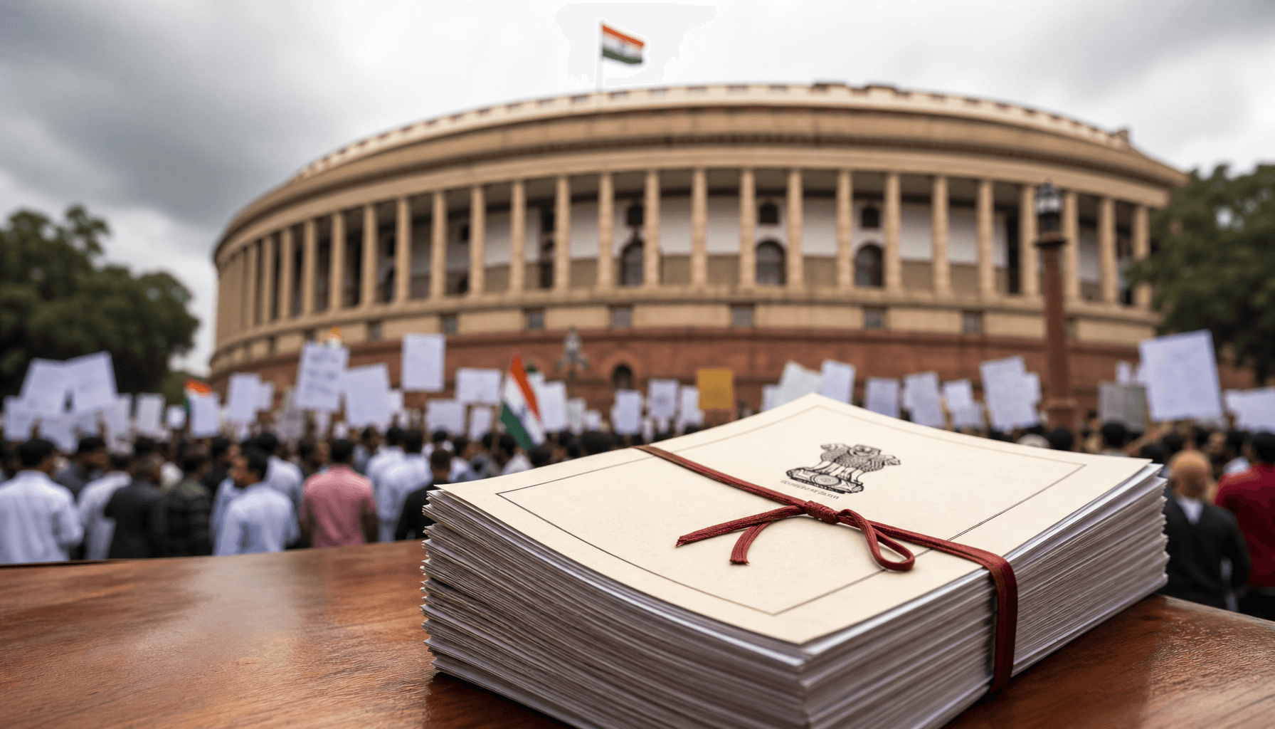 A modern Indian government building with a legislative document in the foreground, blurred crowd of