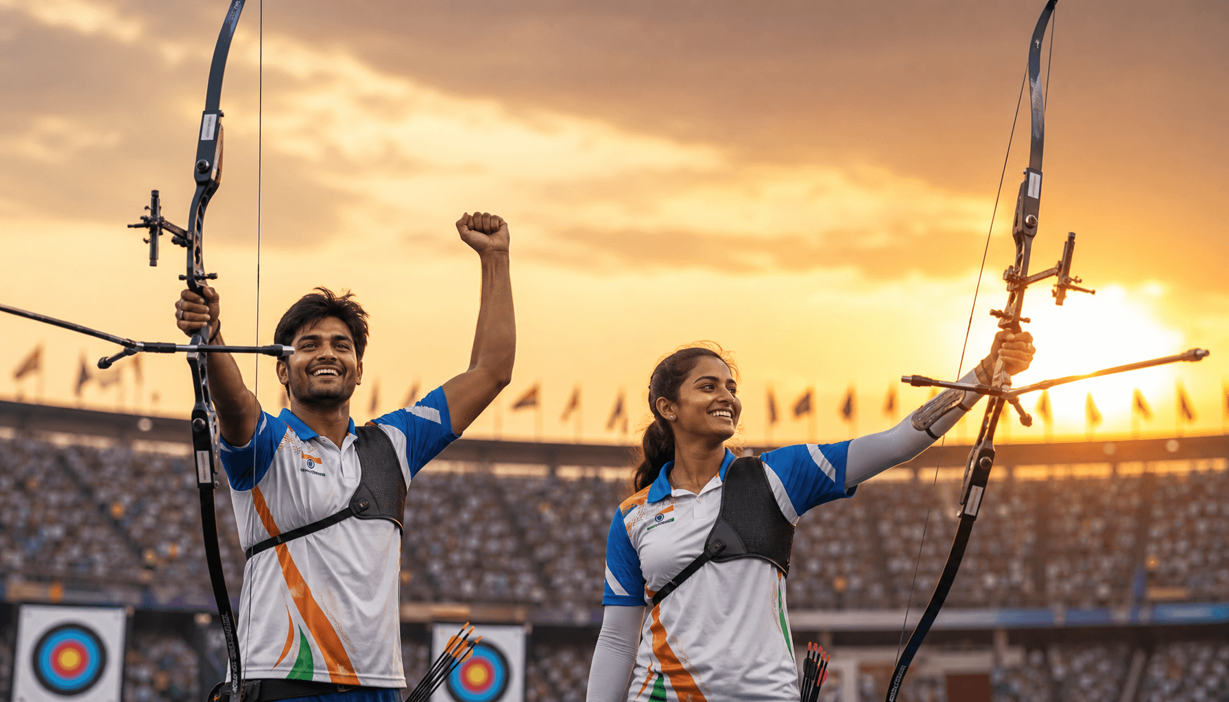 Two Indian archers celebrating with their bows after a final shot, stadium background, golden hour l