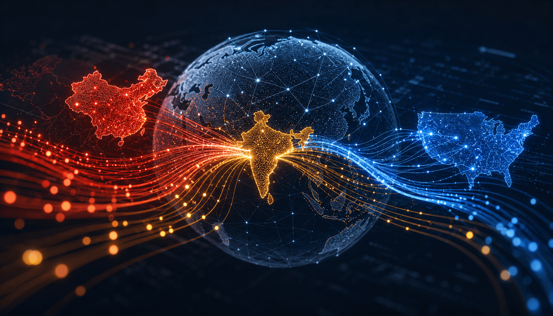 An abstract depiction of a digital globe connected by various data streams, representing the shift i