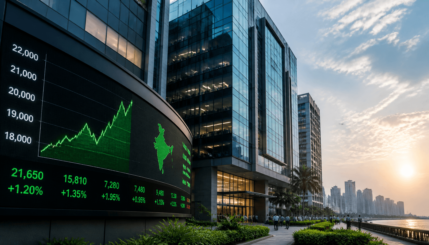 A modern Indian office building in Mumbai with a digital stock market board in the foreground, symbo