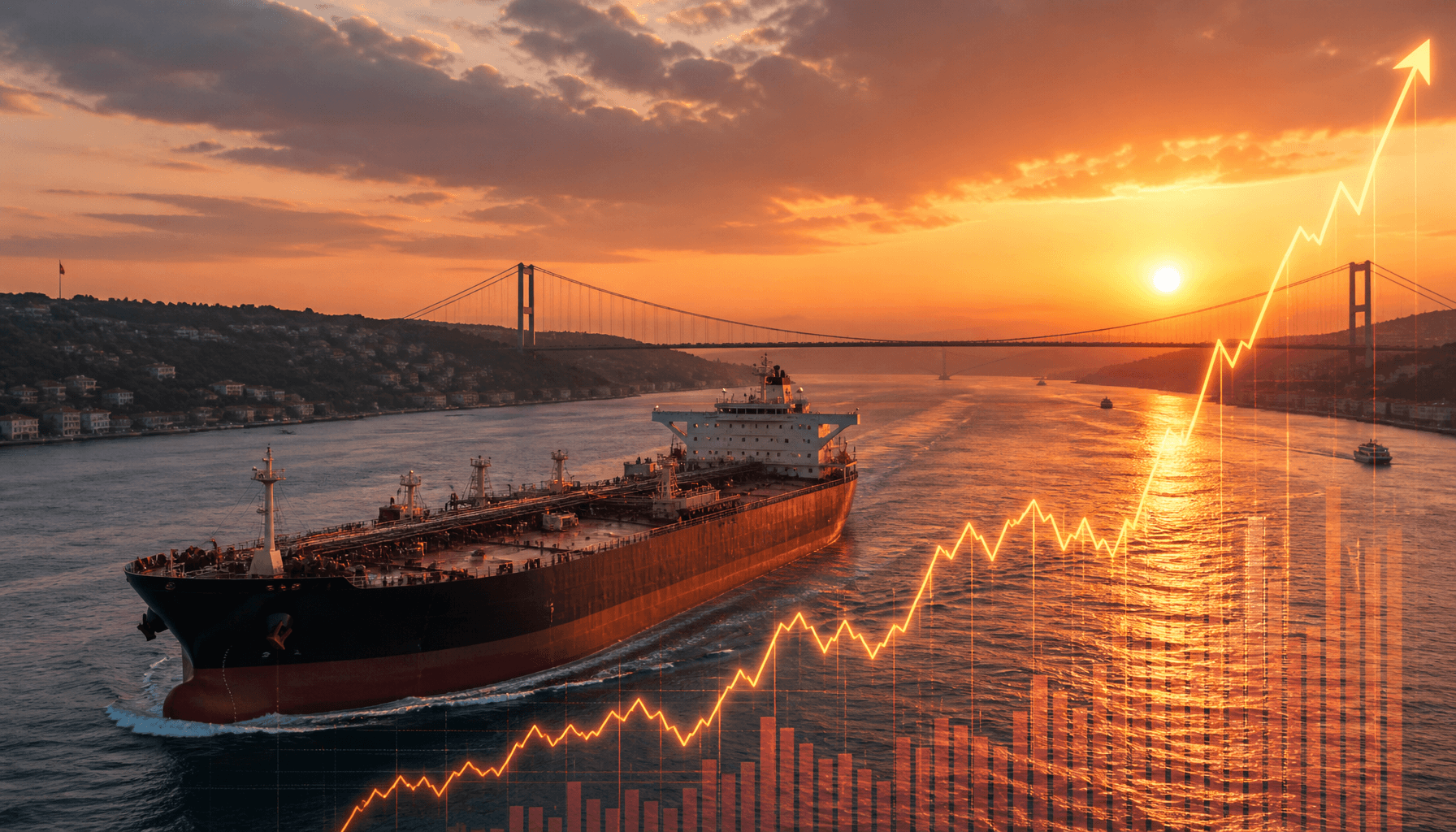 A large oil tanker crossing a narrow strait at sunset, with a digital overlay of rising financial ch