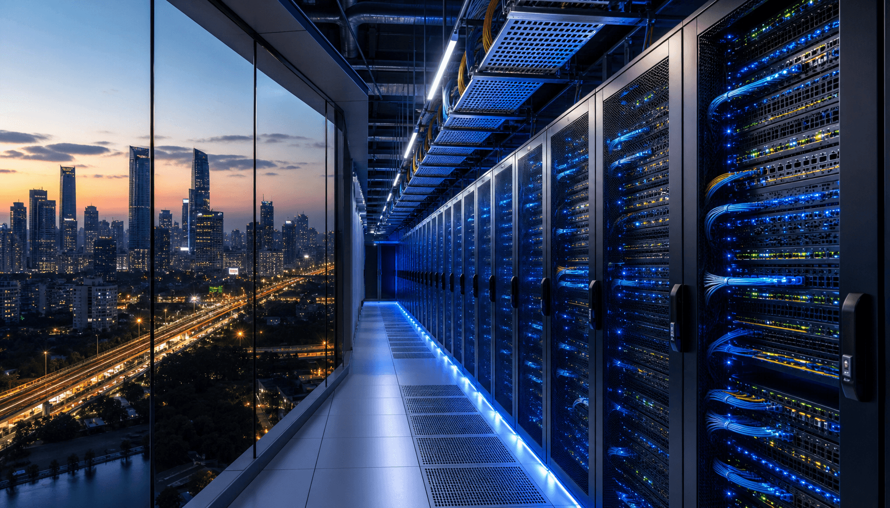 A modern, interconnected data center facility in a major Indian city, with server racks, fiber optic