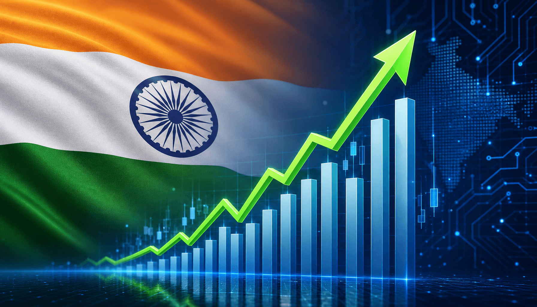 A modern financial chart showing a rising arrow against a backdrop of the Indian flag and abstract d