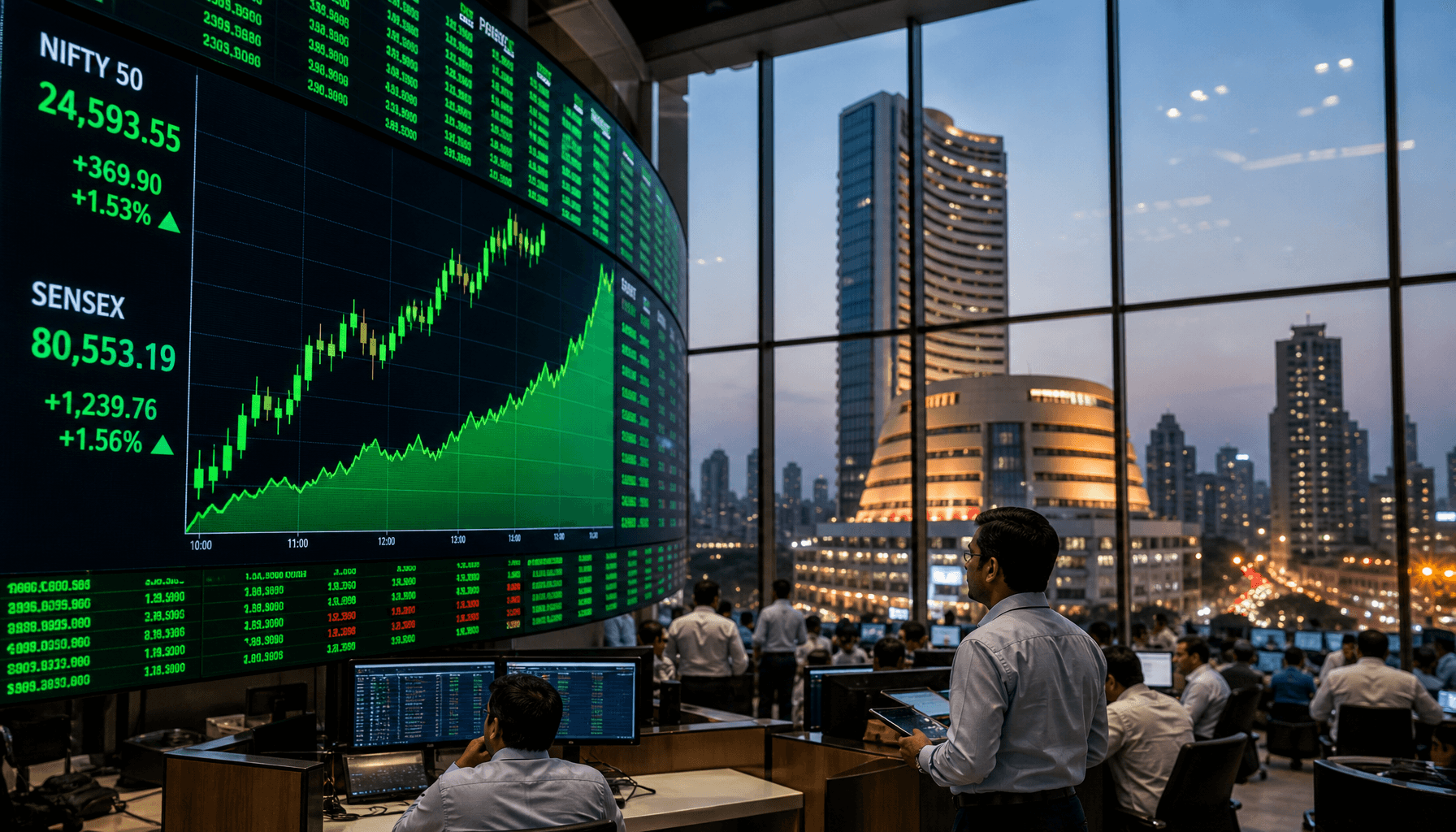 A bustling stock exchange screen in Mumbai showing green growth charts, reflections of city lights,