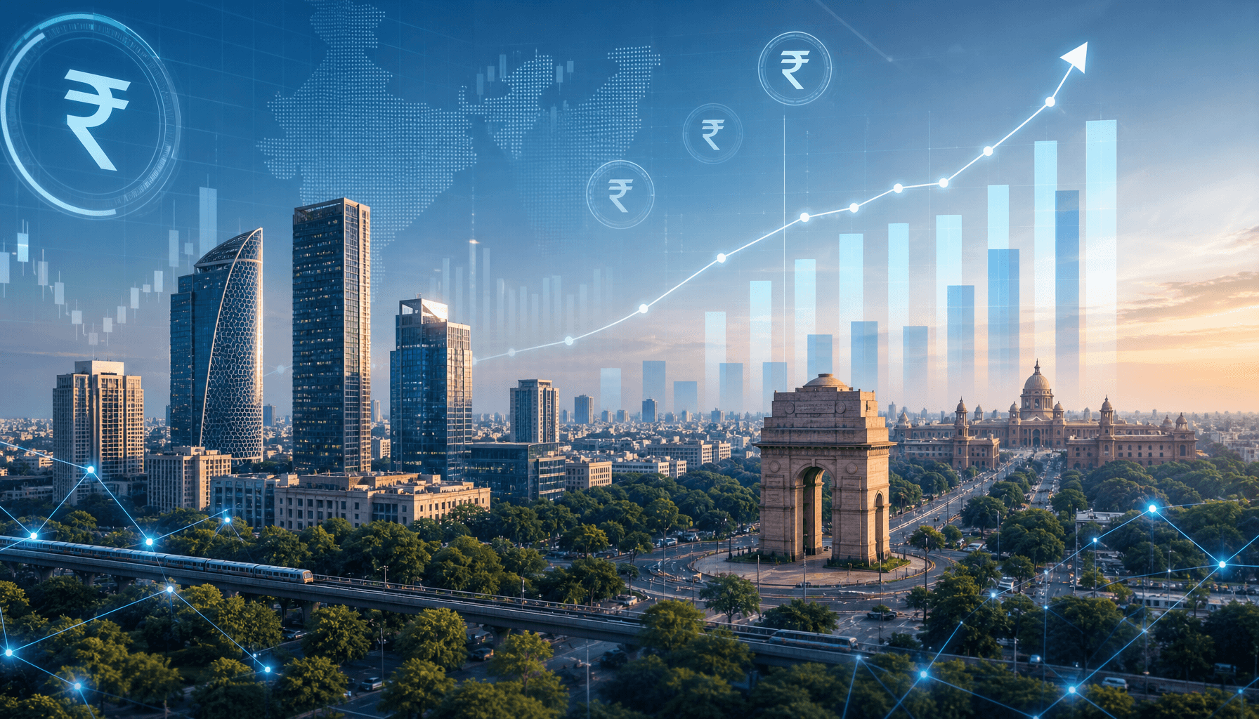 A modern cityscape of New Delhi with digital data overlays representing economic growth, investment