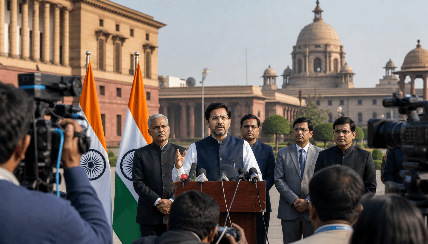 A serious political press conference in New Delhi, featuring an Indian government building backgroun