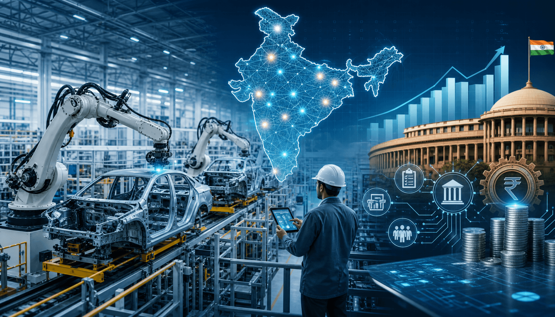 A modern, high-tech manufacturing plant in India with automated assembly lines, a map of India in th