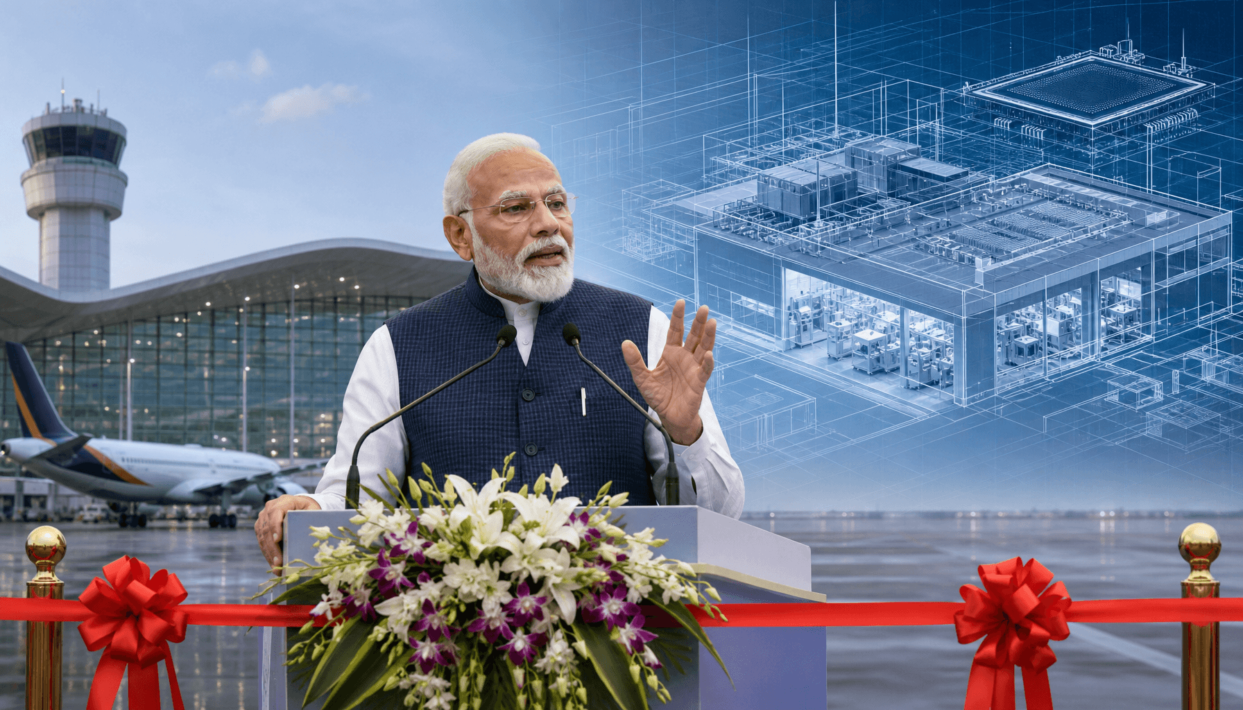 Prime Minister Narendra Modi at a podium during a ribbon-cutting ceremony for a modern airport, with
