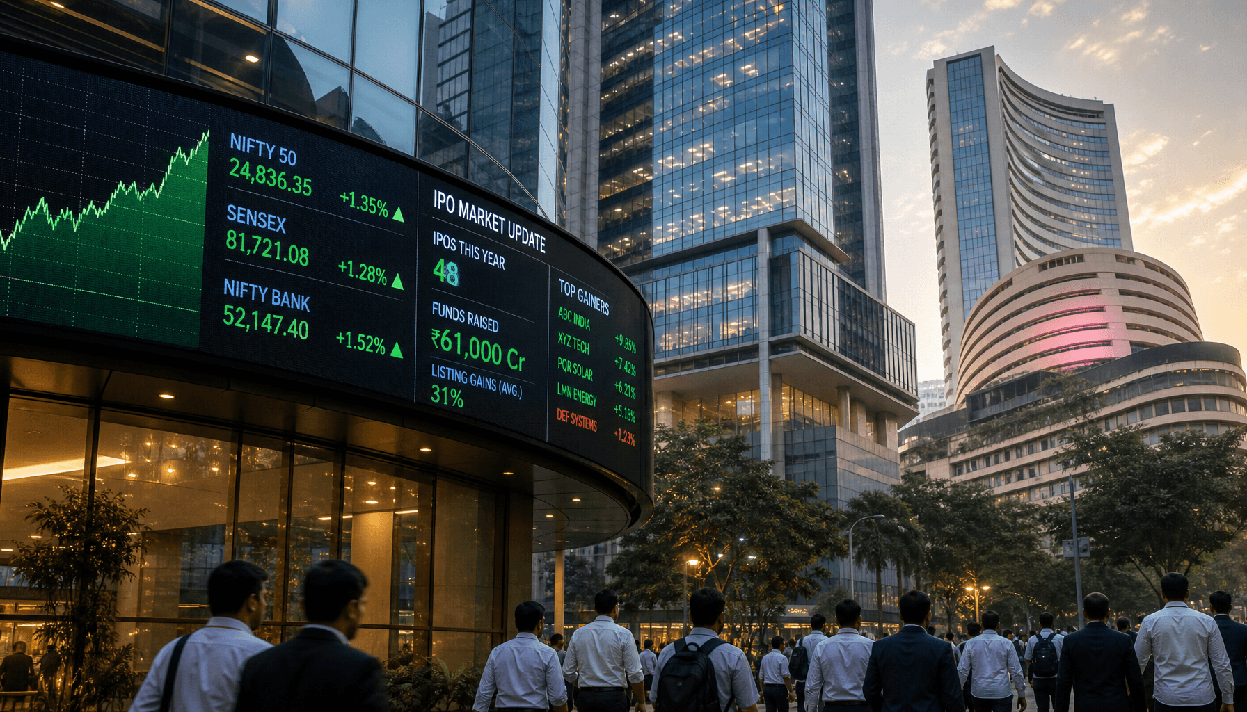 A bustling Indian financial district with a digital stock market ticker in the foreground and a mode
